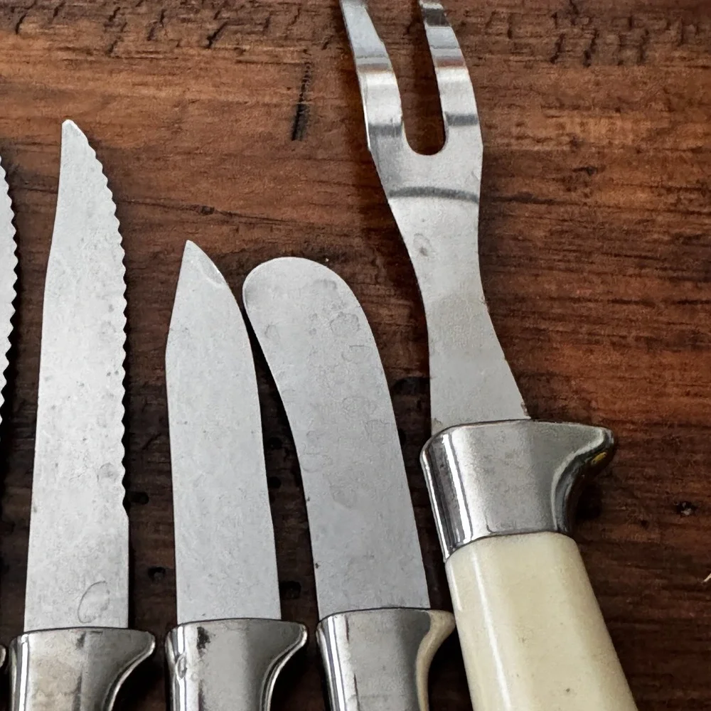 MCM Vintage 10 Regent Sheffield Kitchen Knives & One fork‎ Ivory Brown Leaf